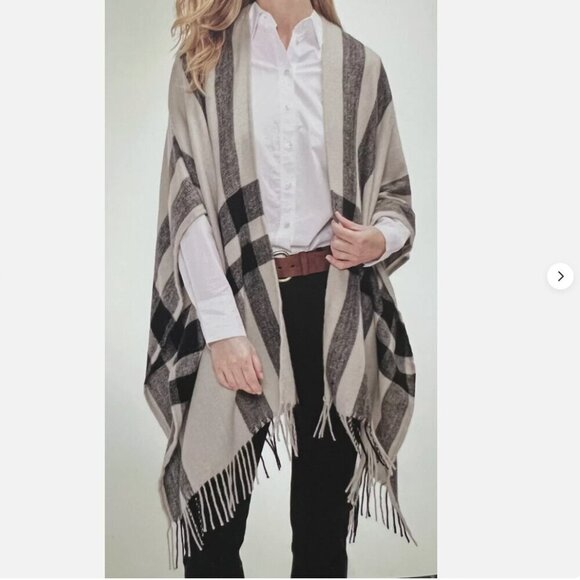 NEW Banana Republic Women Wrap Cardigan Poncho O/S Tan Black Fringe Trim Cashmer - Picture 1 of 9
